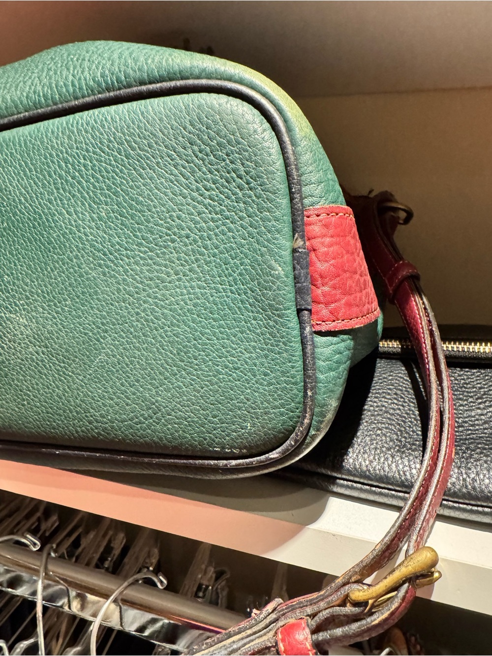 Leather Two-Tone Drawstring Bucket Bag - Green & Burgundy - Picture 7 of 7